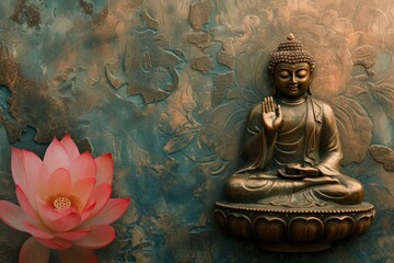 Bronze buddha statue in meditation with a vibrant lotus flower on a textured background