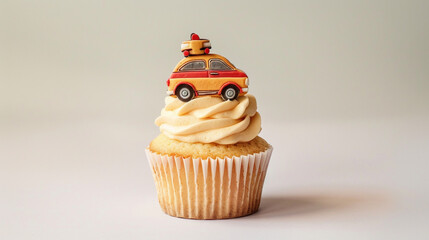 A Father's Day cupcake decorated with a car theme, featuring a small car topper, on a solid white background.