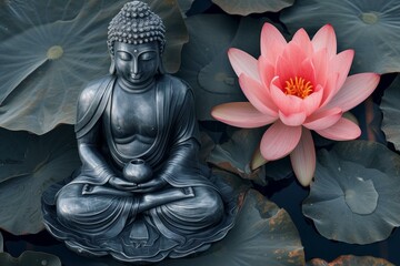 Tranquil buddha statue meditating beside a vibrant pink lotus flower on water