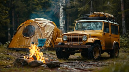A yellow jeep is parked next to a yellow tent