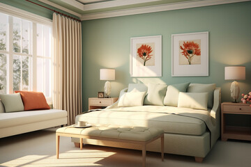 A serene bedroom with a soft mint-green wall, a cozy ivory couch, and accents of terracotta, creating a tranquil ambiance.