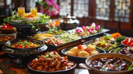 A traditional Chinese banquet with a variety of richly colored dishes, captured under professional lighting to celebrate the cultural delicacies and festive atmosphere
