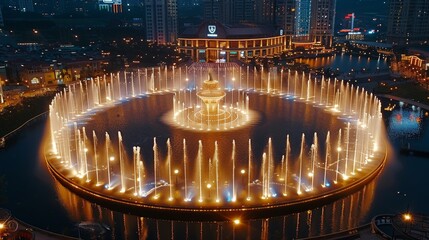 In the night park, there is a circular fountain with stage lights and a beautiful water show. Aerial high view. Generative AI.