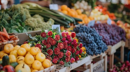 Farmers Market: Capture a lively farmers market with vendors selling fresh produce, flowers, and homemade goods, emphasizing local commerce and healthy living. 