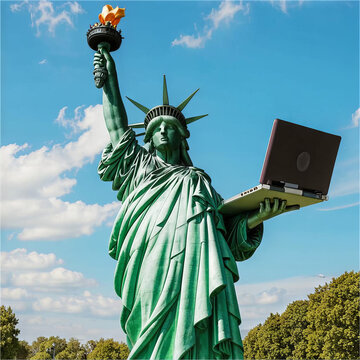 The Statue of Liberty holds a tablet in her hands.