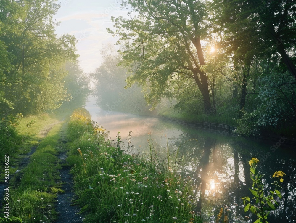 Poster a peaceful scene of a river with a path running alongside it. the sun is shining through the trees, 