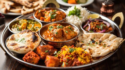 A detailed close-up of an Indian thali plate filled with various richly colored curries, breads, and sides, professionally lit to capture the essence of cultural delicacies