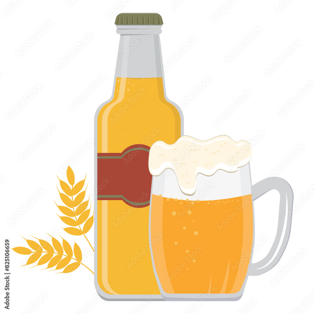 Wall mural bottle and mug with beer, color vector illustration in cartoon style