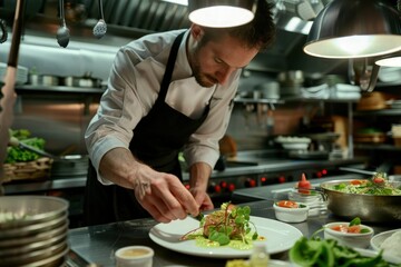 a man in a kitchen preparing food on a plate