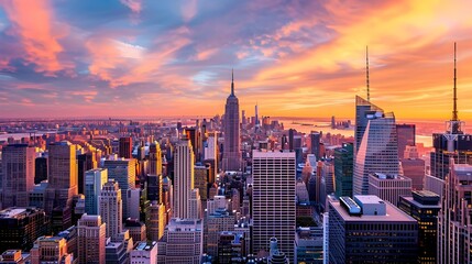New York City Skyline Glowing at Sunset: Iconic Landmarks in Panoramic Splendor