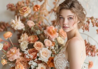 Naklejka premium peach and cream theme bridal mood board wedding, ai