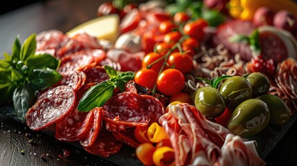 An elegant presentation of a traditional Italian antipasto platter, featuring vibrant meats, cheeses, and vegetables, with professional lighting highlighting each element