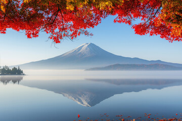 Colorful Autumn Season and Mountain Fuji with morning fog and red leaves at Lake Kawaguchiko