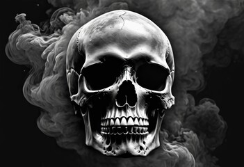 Black and white image of a human skull in smoke 