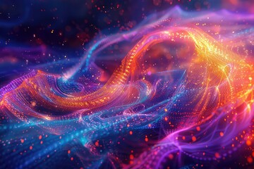 Pandemic particles swirling in a chaotic dance, Psychedelic, Bright Neon Colors, Digital Art, Representing chaotic spread