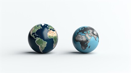 Fototapeta premium Two globes, one blue and one gray, sit side by side on a white background
