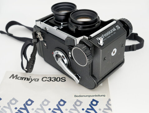 Geneva, Switzerland, may 22, 2024: sign of a Mamiya C330 S Professional, a traditional film twin lens reflex camera 
