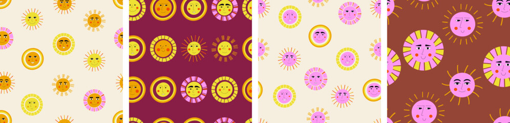 Four endless patterns, laughs suns. Colorful abstract background, kindergarten concept, surface design for branding.