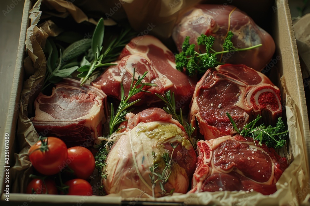 Poster a box of meat with herbs and tomatoes. the meat is cut into different shapes and sizes. the herbs an