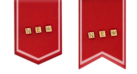 NEWの英語ブロックを使った白い線が入った赤色のリボンのデザイン