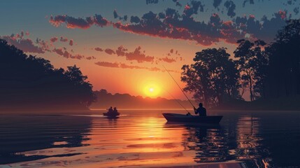 Fishing Trip: Illustrate a serene fishing trip with friends or family on a calm lake, showcasing relaxation and outdoor adventure. 