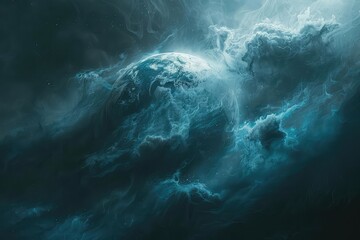 Pandemic portrayed as dark clouds engulfing a planet, SciFi Style, Blue and Black Hues, Illustration, Highlighting global threat