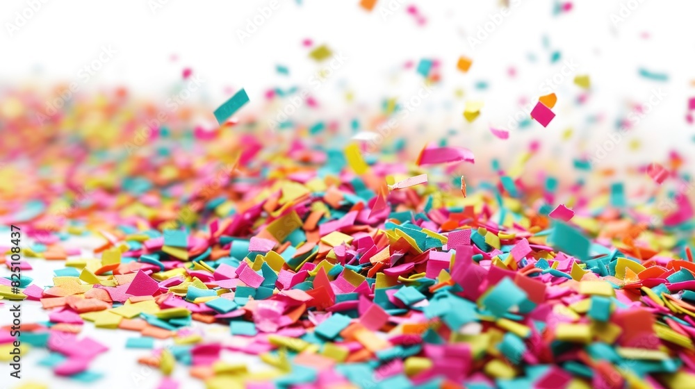 Poster a colorful pile of confetti is scattered on a white background. the confetti is made of different co