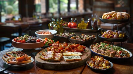 Fototapeta premium A diverse selection of Mediterranean tapas displayed on a rustic table, with professional lighting enhancing the vibrant colors and inviting textures of the dishes