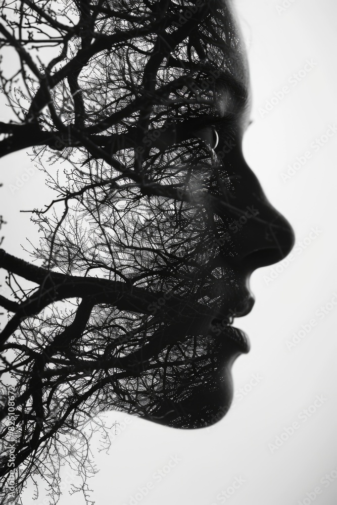 Poster a woman's face is shown in a tree-like pattern. the image has a moody and mysterious feel to it, as 