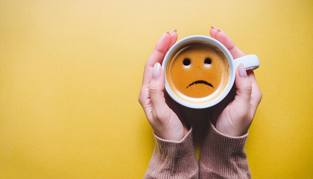 woman hands holding coffee cup with sad face drawn on coffee
