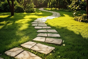Fototapeta premium A long path made of stones and grass. The path is surrounded by trees and bushes