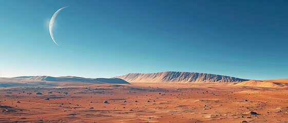 Martian scene with bright sunlight over a desolate red terrain
