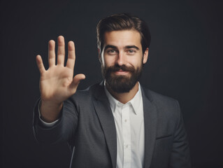 A man with a beard and a suit is holding up his hand to give a thumbs up. Concept of confidence and positivity