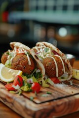 A plate of food with two wraps and a lemon wedge. The wraps are filled with meatballs and topped with a creamy sauce. The lemon wedge adds a touch of freshness to the dish