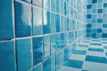 A blue and white tile wall with a checkered pattern