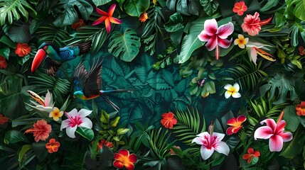 Fototapeta premium Vibrant Tropical Blooms Cascading from Lush Greenery Forming a Stunning Paradise Oasis