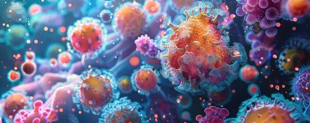 Pathogens infecting a virtual world, Psychedelic, Bright Neon Colors, Digital Art, Representing the unseen battle against infections