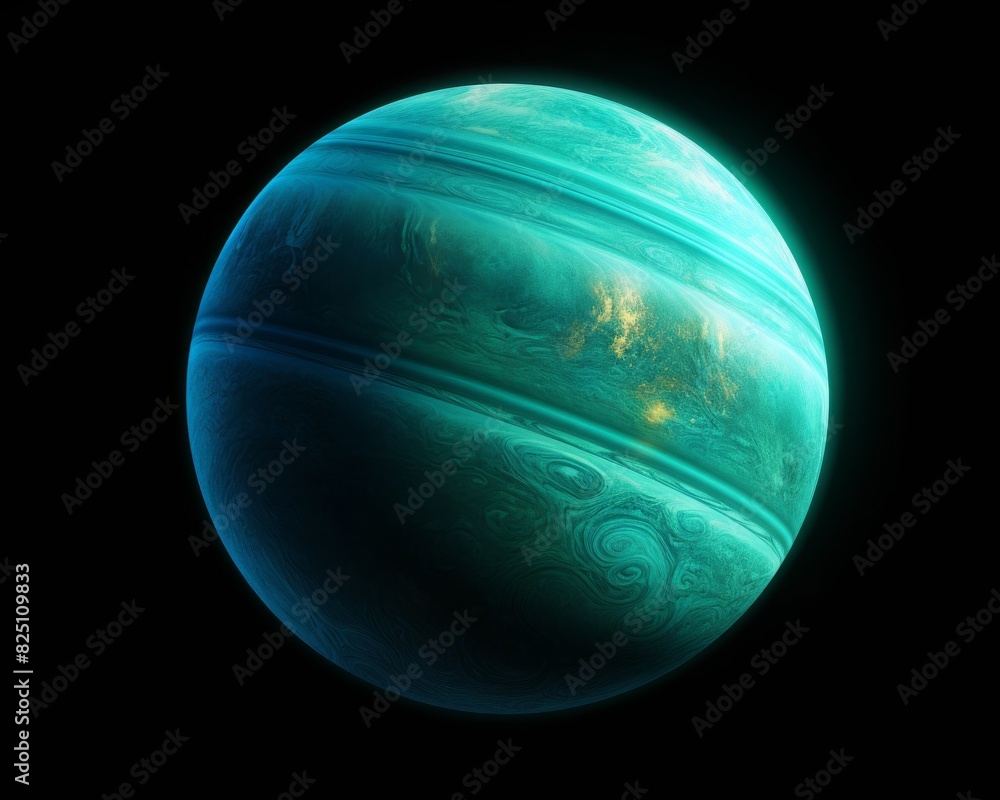 Wall mural a vibrant, turquoise planet with swirling clouds and a dark shadow set against the blackness of spac