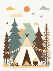 A drawing of a forest with a teepee and a fire pit