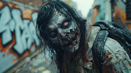  A detailed close-up of a zombie costume, showcasing realistic makeup and tattered clothes, in an urban alleyway with graffiti