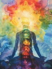 A person is sitting in a lotus position with their hands on their knees. The person is surrounded by a rainbow of colors and a lotus flower. Concept of peace and spirituality