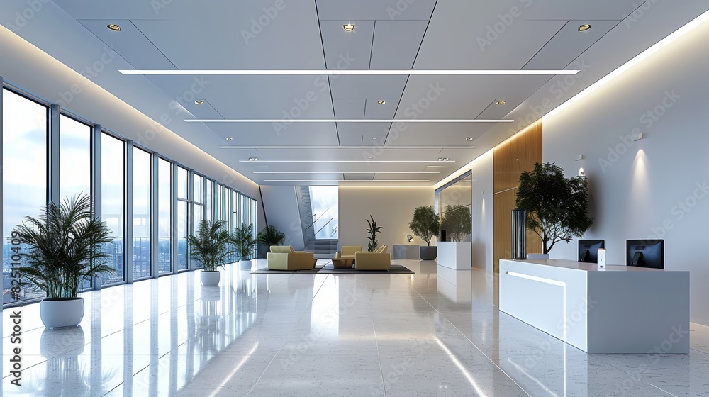 Poster White square LED down lights are installed in an office interior showcasing the modern design and lighting, featuring suspended white square tiles on high ceilings. Generative AI.