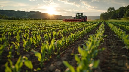 An agricultural field using innovative notill farming equipment, soil health sensors, and organic farming techniques, with data showing increased yields and soil conservation