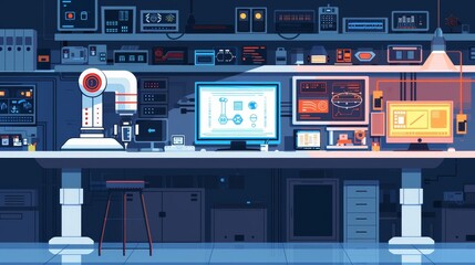 Artificial intelligence flat design front view robotics lab theme animation Complementary Color Scheme