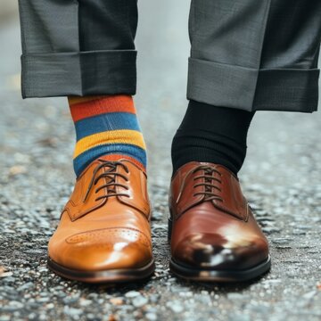 Legs of a businessman with different socks and shoes.