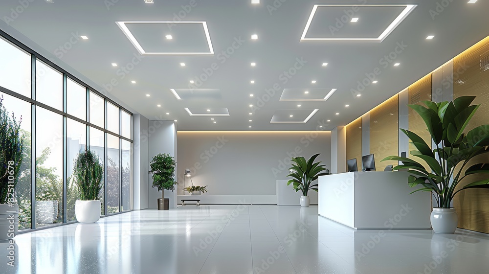 Poster White square LED down lights are installed in an office interior showcasing the modern design and lighting, featuring suspended white square tiles on high ceilings. Generative AI.