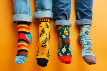 Legs in different socks. Odd Socks day, Down syndrome awareness concept.