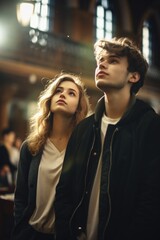 A man and a woman are standing next to each other in a church. The woman is wearing a black jacket and the man is wearing a white shirt