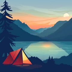 A tent is set up in front of a lake in the mountains