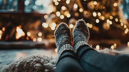 A person is laying on a rug with their feet up in front of a Christmas tree. The scene is cozy and warm, with the fire in the background adding to the festive atmosphere - Powered by Adobe